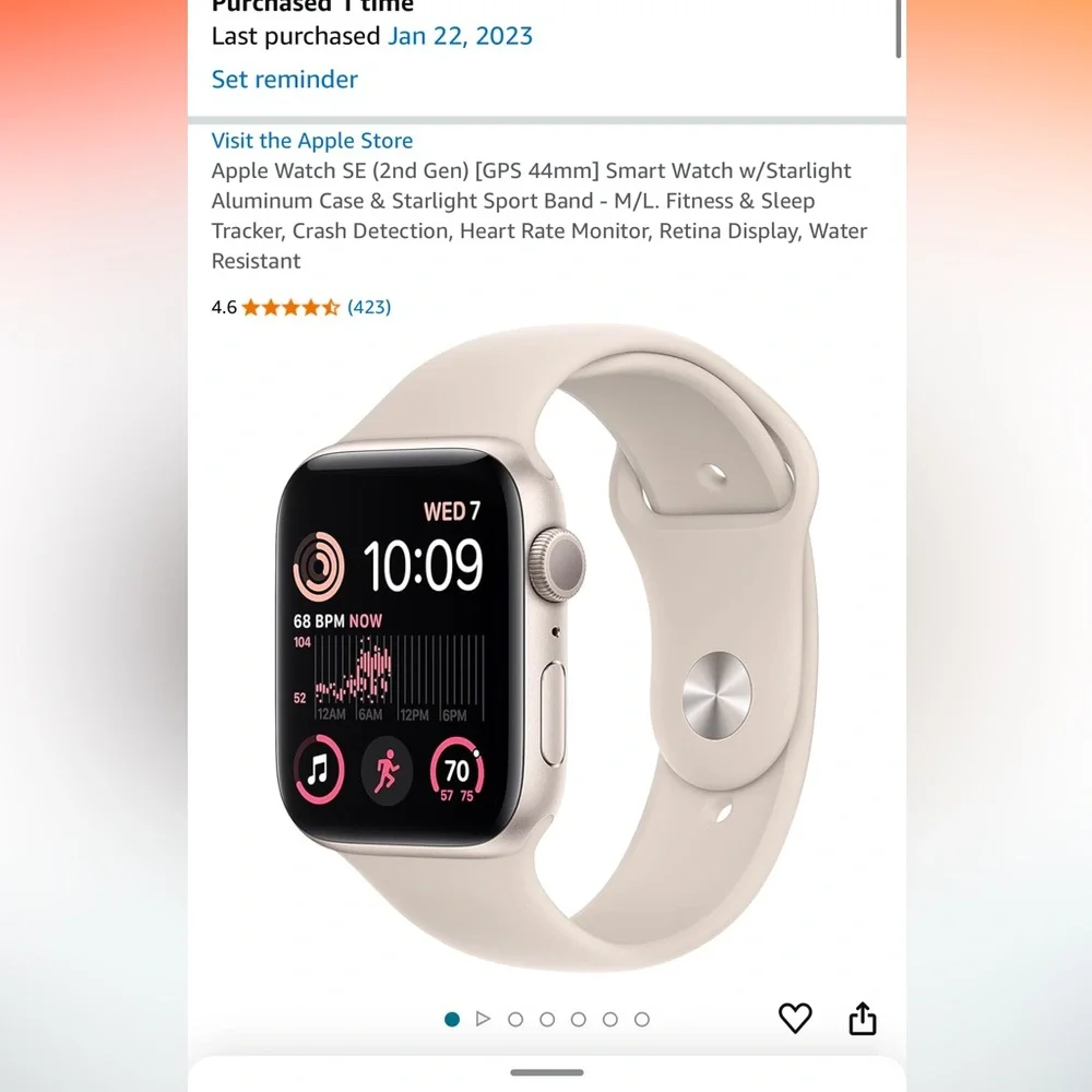 Apple Watch SE (2nd Gen) [GPS 44mm] w/Starlight Aluminum Case M/L Cracked Screen